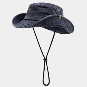 Retro charcoal washed denim bucket hat with adjustable chin strap and side metal eyelets