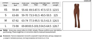 Detailed size guide table for backless strapless jumpsuit with fit measurements in cm