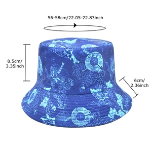Blue double-sided sun hat with ethnic fan prints showing dimensions 56-58cm head circumference