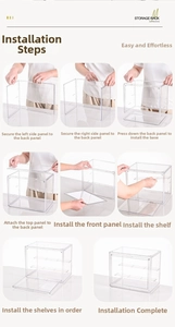 Step-by-step assembly guide for a clear acrylic display case with removable shelves