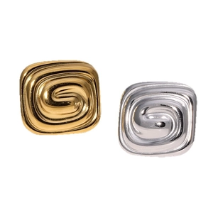 Polished rectangular spiral earrings in gold and silver finish on a white background