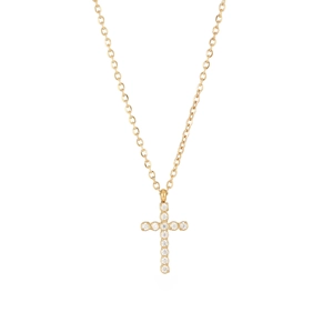 Elegant gold minimalist cross pendant necklace featuring sparkling white zircon stones