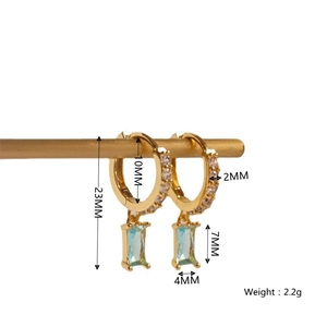Detail showing 23mm drop earring with light blue zircon pendant and size measurements