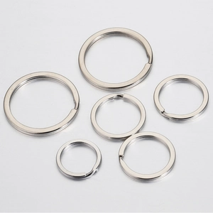Set of 6 flat stainless steel split key rings in various sizes with polished silver finish