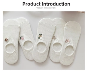 Detail showing five white low-cut cotton socks with various cute cartoon embroidery patterns