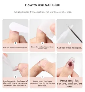 Step-by-step application guide for press-on nails with glue, file and prep pads
