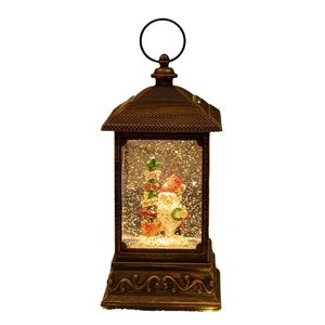 Vintage bronze Christmas lantern with Santa scene, glitter snow, and warm LED lighting