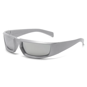 Y2K futuristic silver grey wraparound sunglasses with a punk aesthetic on white background
