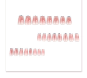 Detail of 24pcs pink gradient press-on nails with silver French tips in coffin shape