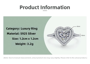 Detail view of S925 sterling silver ring with heart-cut stone and size measurements