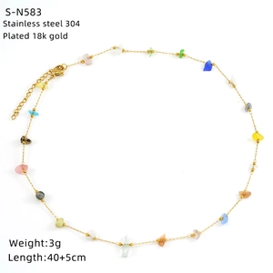 Detail of multi-color crushed stone necklace with 18k gold plated 304 stainless steel