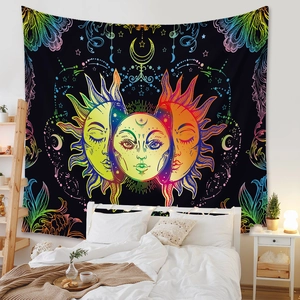 Bohemian sun and moon tapestry displayed as a cozy bedroom wall hanging decoration