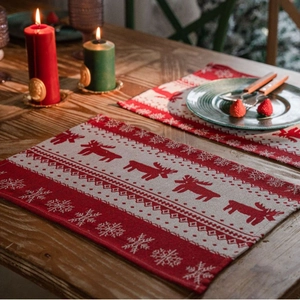 Christmas Placemat Jacquard Reindeer Snowflake Pattern Holiday Dinner Table Decoration Red Beige Woven Fabric Vintage Home