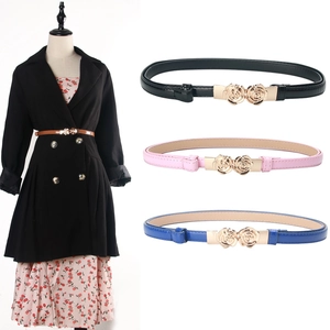 Adjustable PU leather skinny waist belts for women with golden rose buckles in three colors