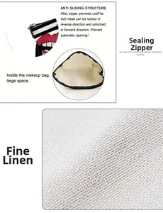 Detailed view of linen makeup bag with red lip print and anti-slip alloy zipper close-up
