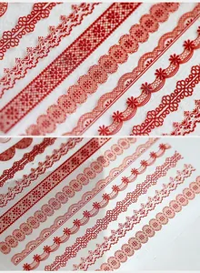 Macro detail of red lace nail art stickers KX019 with vintage floral patterns