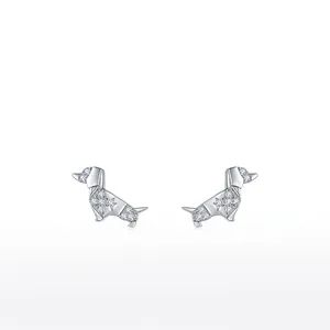 Dachshund Dog Stud Earrings 925 Sterling Silver Zircon Geometric Origami Animal Design Minimalist Jewelry For Women