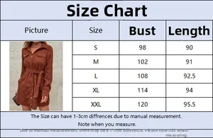 Size chart for brown corduroy shirt dress detailing bust and length measurements
