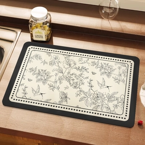 French style floral absorbent drying mat for kitchen counters on a wooden surface