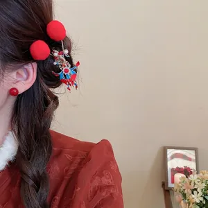 New Chinese style hair clip with red pompom, enamel fish pendant, and pearls