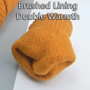 Winter touch screen knitted gloves with warm ginger yellow fleece lining for cold weather