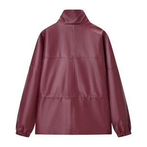 Back view of burgundy faux leather jacket with high collar and elastic cuffs