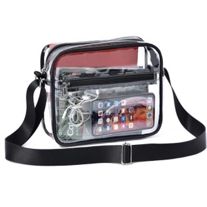 Detail of transparent PVC crossbody bag with black trim and adjustable strap showing storage
