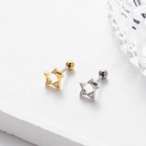 Detail von sternförmigen Ohrsteckern in Gold und Silber mit Zirkonia-Steinbesatz