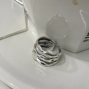 925 Sterling Silver Open Ring Women Liquid Metal Irregular Wave Multi Layer Stacked Adjustable Niche Retro Finger Ring