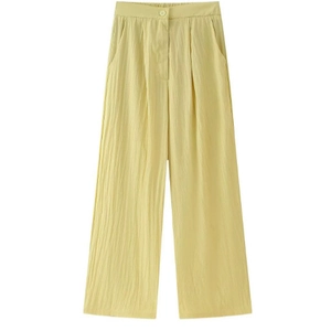 Pantalon femme jaune clair taille haute à jambes larges en tissu texturé respirant