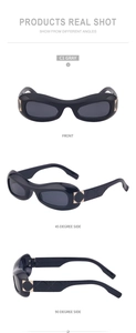 Three-angle views of black oval Y2K sunglasses showing front and side profile details
