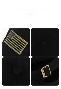 Detail of black cotton baseball cap showing flag embroidery and metal adjustment buckle