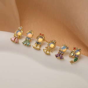 Fairy Tale Princess Goldfish Stud Earrings 18K Gold Plated Copper With Zircon And Synthetic Opal Dainty Sweet Jewelry For Women
