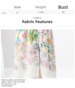 Detail view of tropical floral print, lace hem, and button closure on the maxi dress