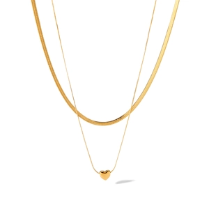 Double-layer 18k gold plated stainless steel snake chain necklace with heart pendant