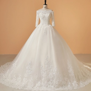 Robe De Mariée Blanche Épaules Dénudées À Manches Longues Dentelle Tulle Broderie Robe De Bal Avec Longue Traîne Élégante