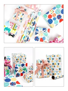 Macro detail of birthday gift wrapping paper with colorful cartoon animals and balloon patterns