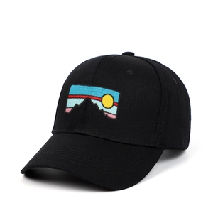 Black cotton baseball cap with colorful sunset mountain landscape embroidery patch