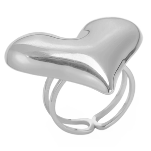 Detailed close-up of a silver heart-shaped stainless steel ring with an adjustable band