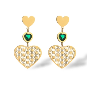 Vintage 18K gold plated multi-layer heart drop earrings with green gemstone insets