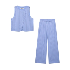 Women Striped Sleeveless Vest Top And Wide Leg Pants Casual Woven Polyester Loose Fit Comfortable Streetwear