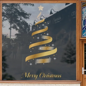 Golden Christmas tree glass decal with Merry Christmas text for festive window decor