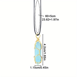 Natural light blue crystal hexagonal pendant necklace with gold wire wrap and size labels