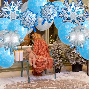 Winter wonderland party decoration with blue and white snowflake aluminum foil balloons