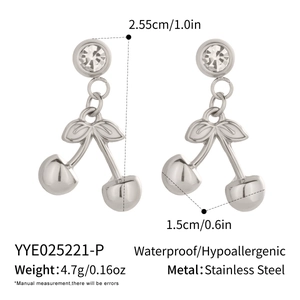 Detail view of silver cherry earrings with dimensions and stainless steel material info