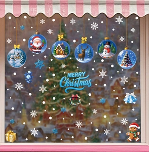 Detailed blue Christmas static window stickers with snowman, Santa, and snowflakes