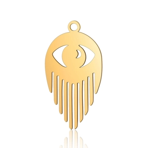 Macro view of a gold plated stainless steel evil eye pendant for DIY jewelry making