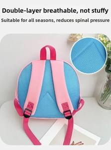 Breathable mesh back and padded shoulder straps on a pink and blue children's backpack