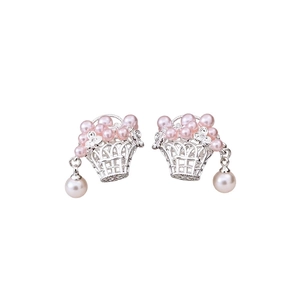 Boucles d'oreilles panier de fleurs vintage en argent avec perles roses et blanches