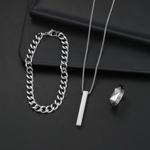 Ensemble de bijoux argentés 3 pièces avec bracelet cubain, collier pendentif et bague